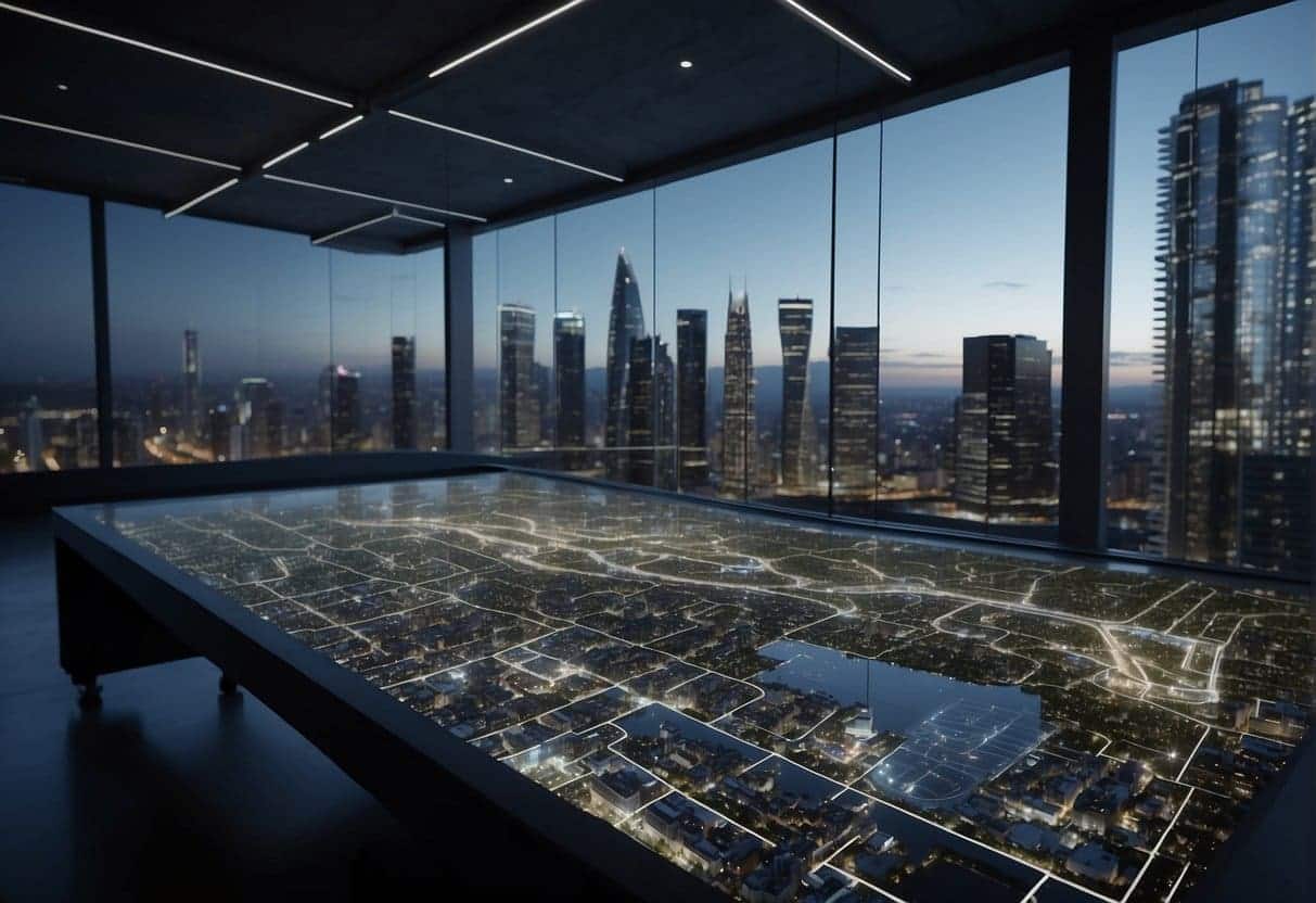 AI analyzes city plans, while ethical guidelines are displayed. Architectural designs are being reviewed for compliance