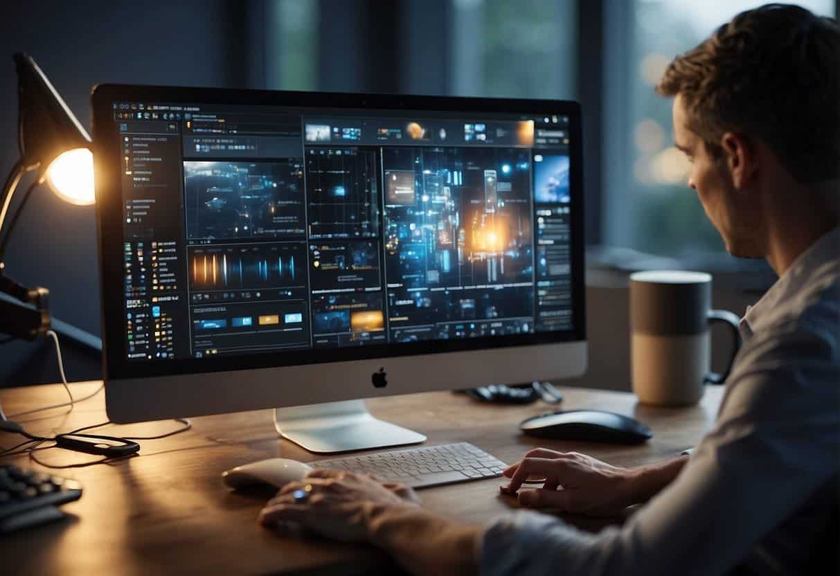 A computer screen shows a user customizing AI-generated video content with various design tools and options