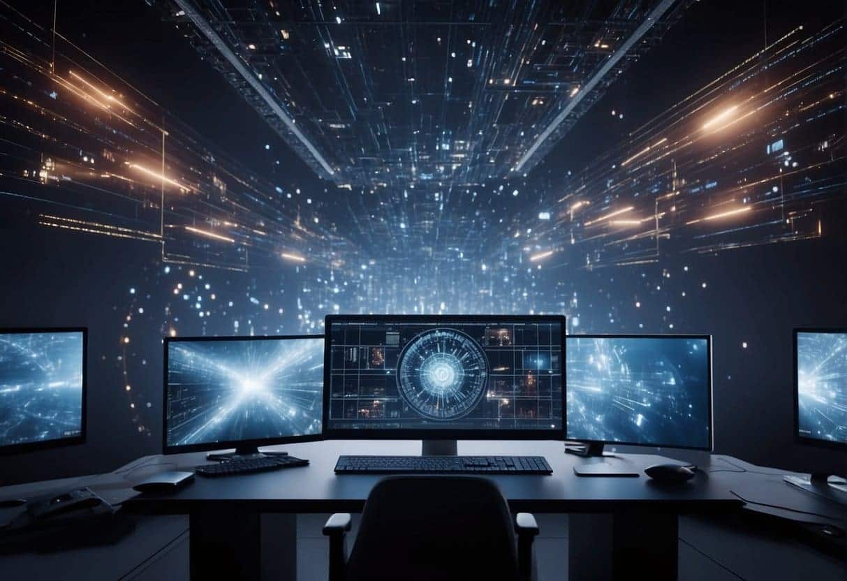 A computer generating video content using AI, surrounded by modern technology and data visualizations