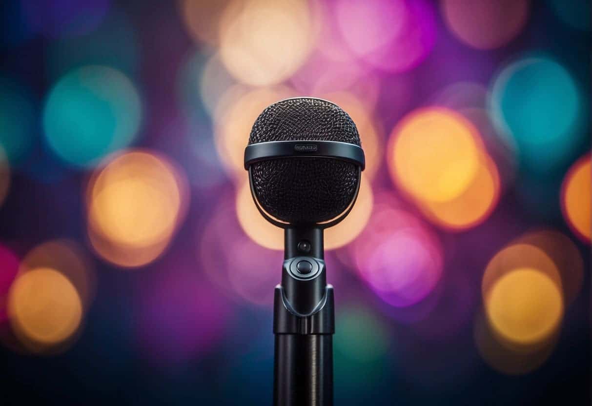 A microphone stands tall in front of a colorful soundwave backdrop, symbolizing the power of audio marketing through podcasts and beyond