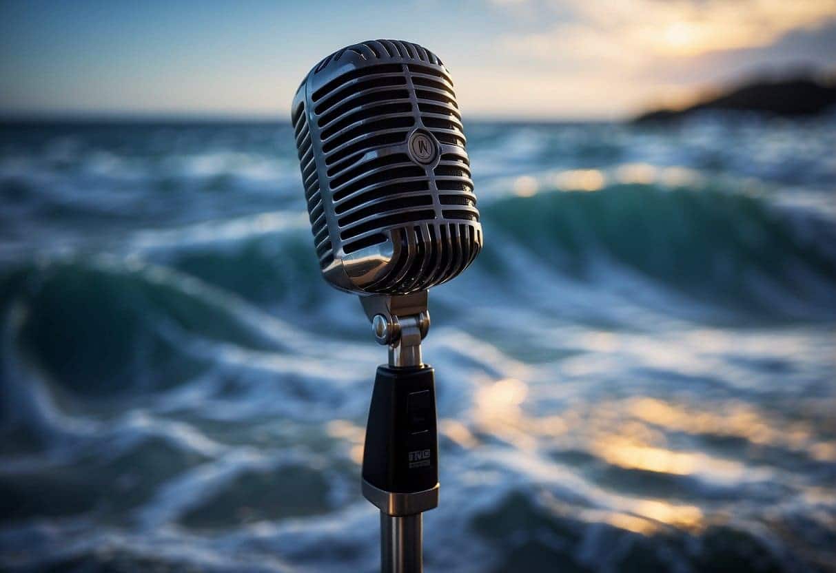 A microphone stands tall amidst a sea of sound waves, symbolizing the power of podcast marketing. The waves ripple outwards, representing the reach and impact of audio content