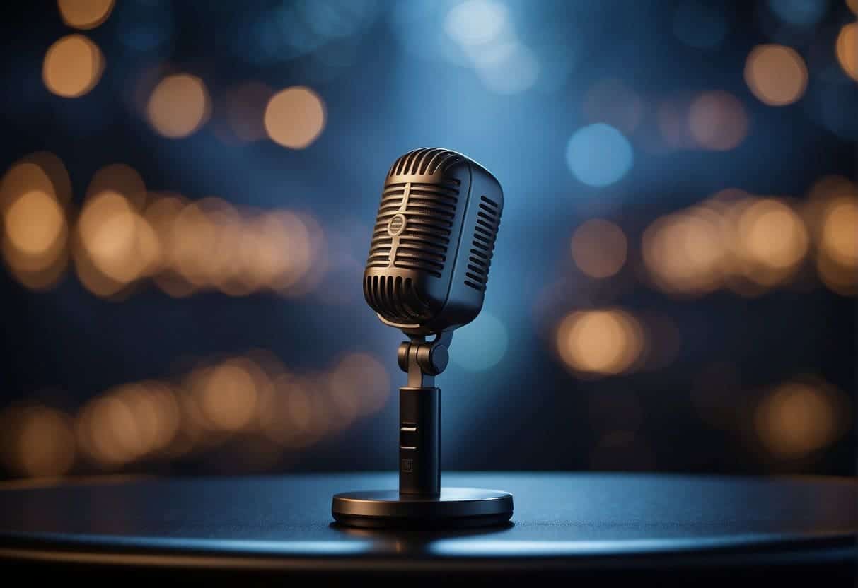 A microphone stands tall amidst a sea of sound waves, symbolizing the importance of audio marketing. Podcast logos float in the background, showcasing the diverse range of content available in this powerful medium