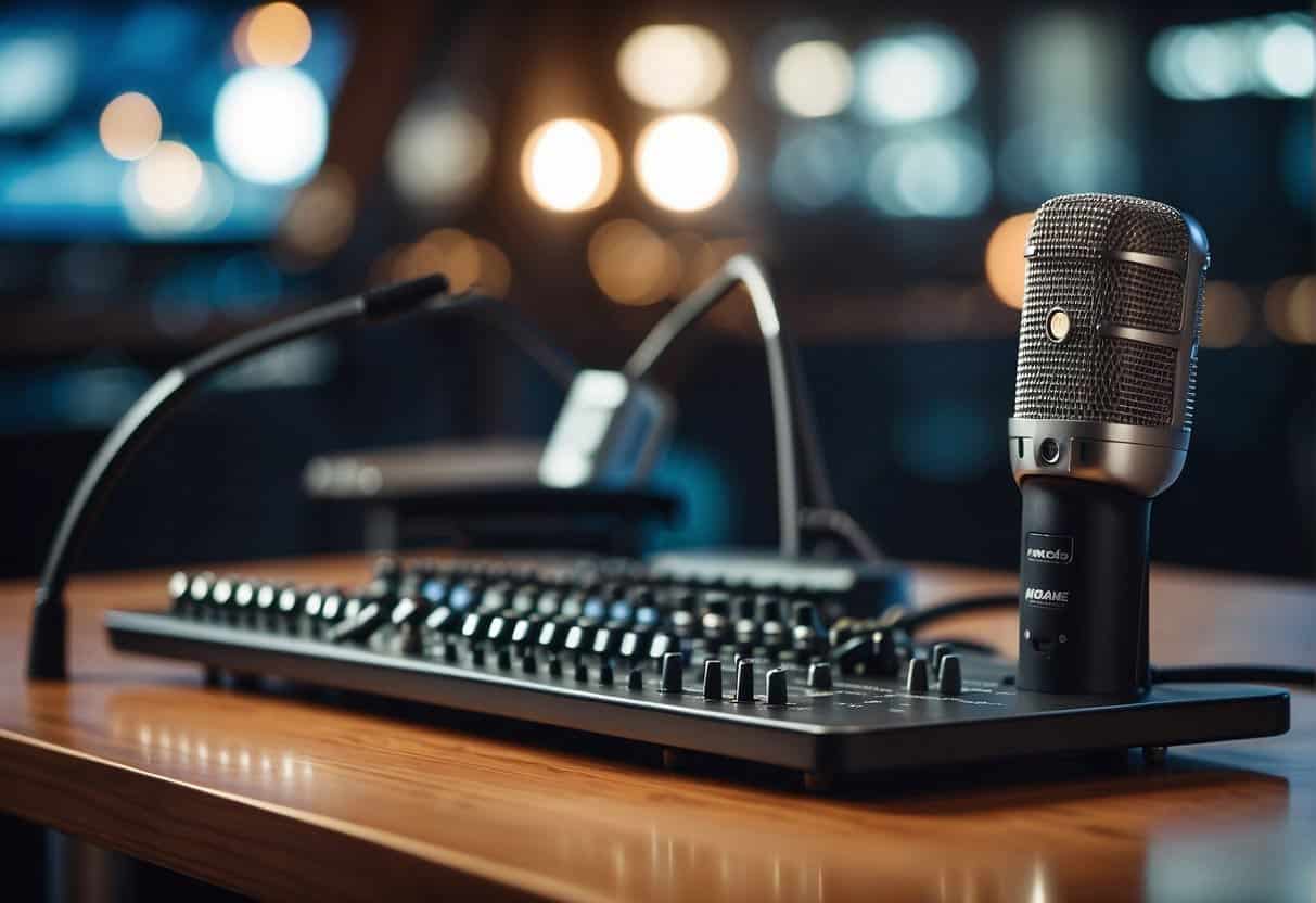 A microphone stands on a table, surrounded by sound waves and various audio devices, symbolizing the future of audio marketing beyond podcasts