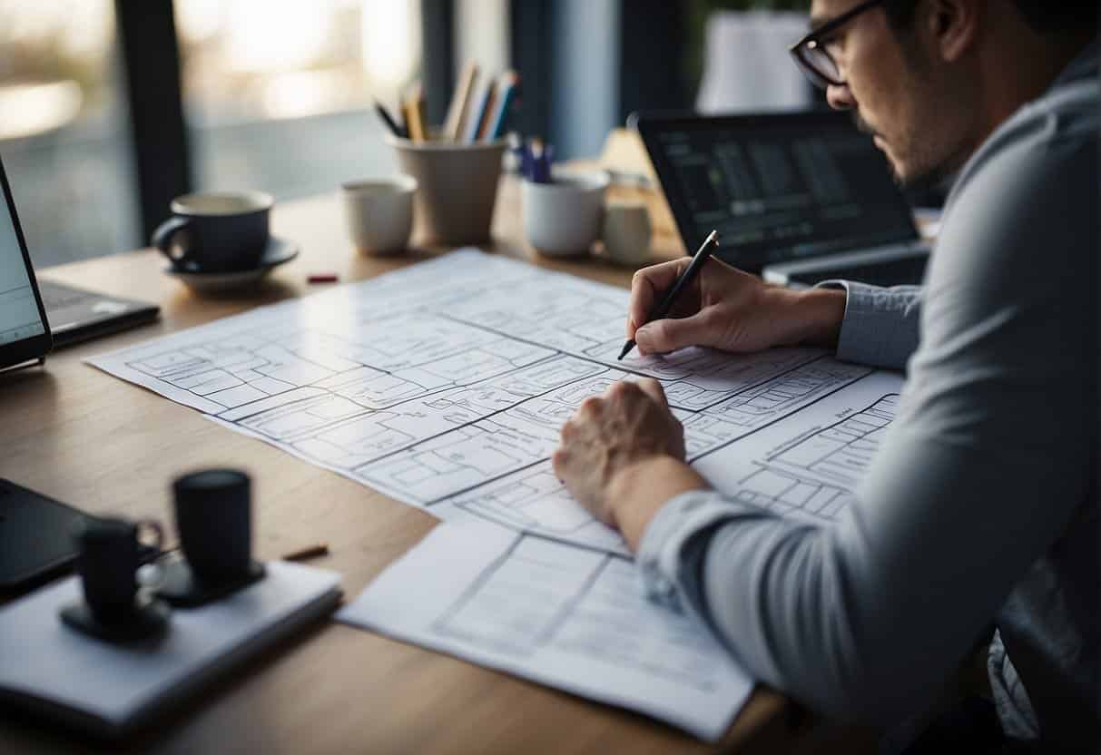 A designer sits at a desk, sketching wireframes and prototypes. A computer screen displays a website layout, while sticky notes and design tools cover the desk
