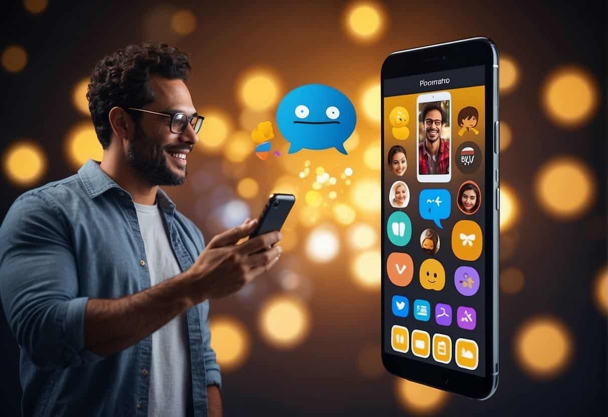 A user interacts with an AI chatbot on a smartphone, with speech bubbles and emojis appearing on the screen