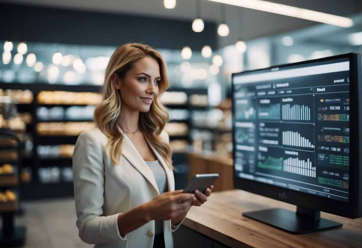 AI in Retail Operations - A retail store with AI technology interacting with customers, analyzing data, and optimizing inventory