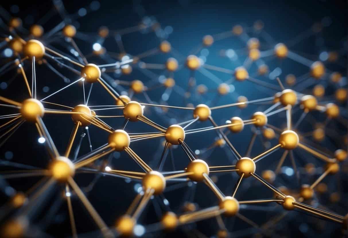 A network of interconnected nodes forming a decentralized AI system, with data flowing between them, representing ethical and social implications