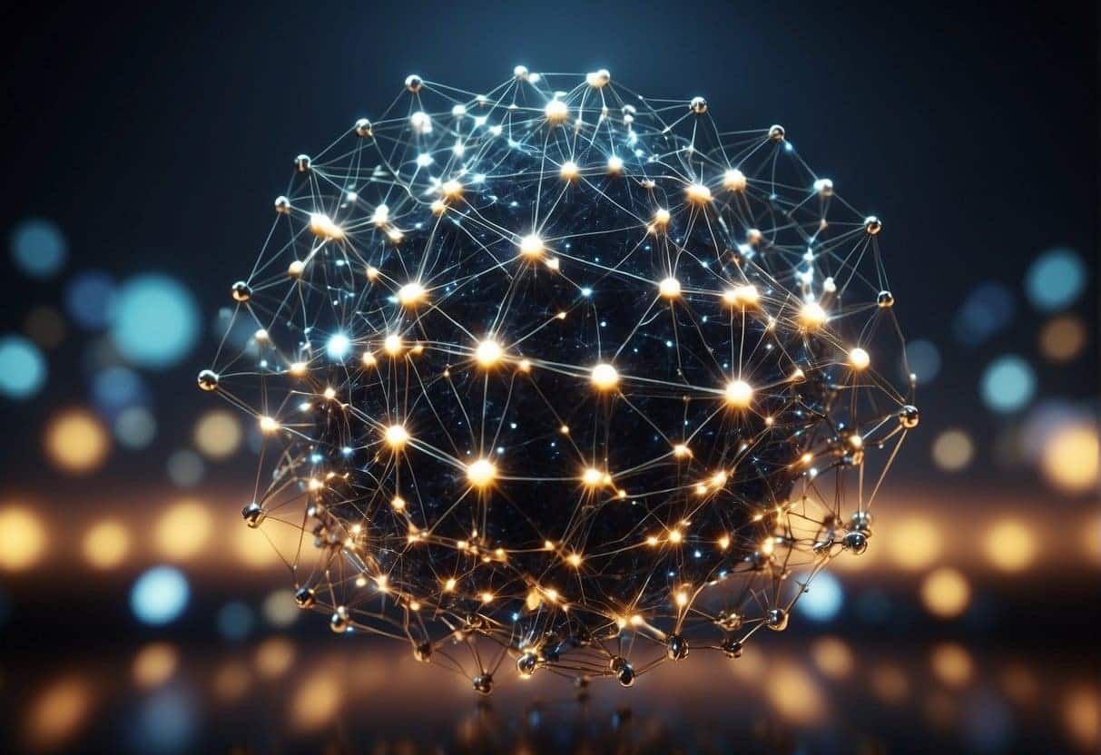 A network of interconnected nodes exchanging data, with AI algorithms seamlessly integrating into various devices and systems