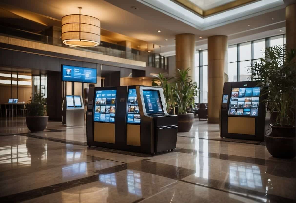 A hotel lobby with AI-powered kiosks and smart devices. Guests interact with personalized services while data encryption and privacy measures are visibly in place