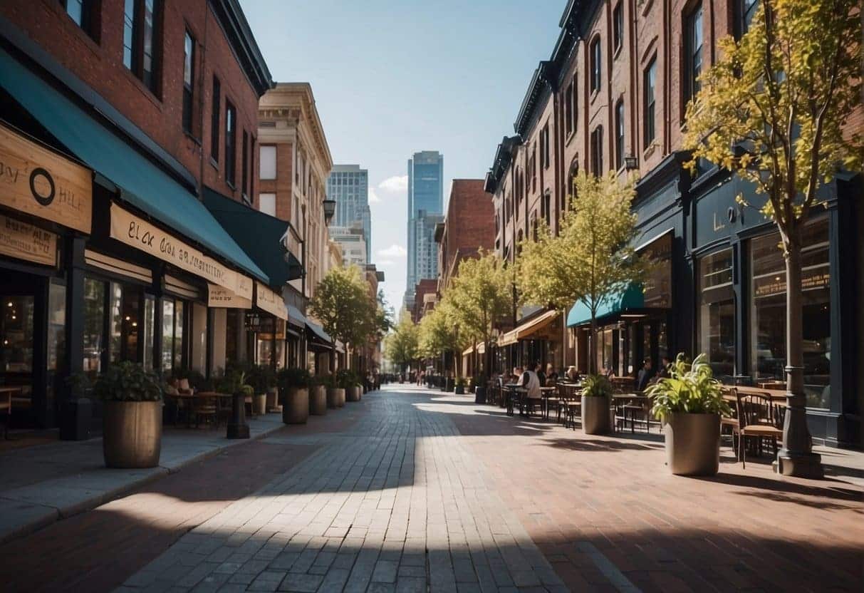 A bustling city street with storefronts, maps, and digital devices, all highlighting local businesses and services in search results