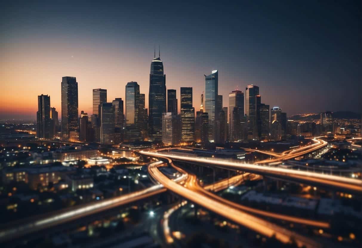 A city skyline with a prominent local business appearing in search results, surrounded by data points and tracking lines indicating visibility and insights for local SEO