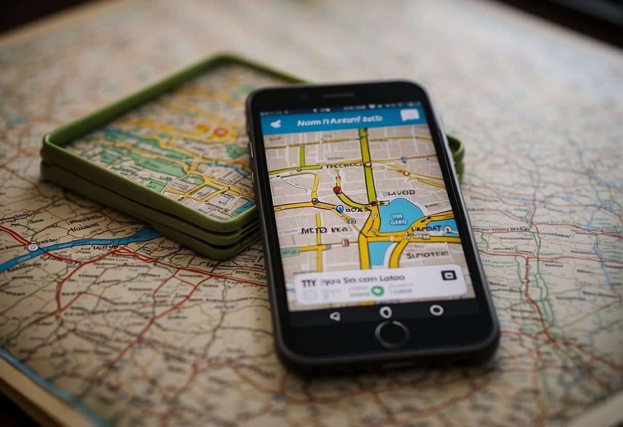 A bustling city street with vibrant storefronts and signs, showcasing local businesses. A map or smartphone displaying search results for nearby services