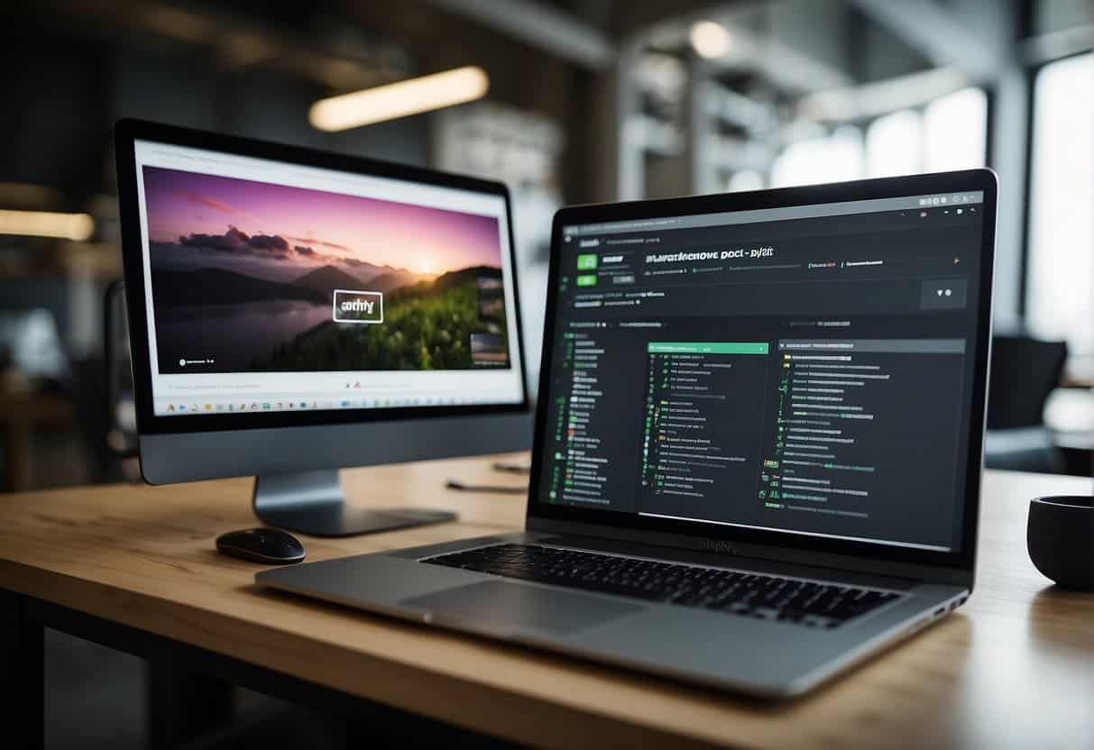 A computer screen split in half, one side displaying the Shopify platform and the other displaying WooCommerce. A checklist of security and compliance requirements is visible next to each platform, with a magnifying glass hovering over them