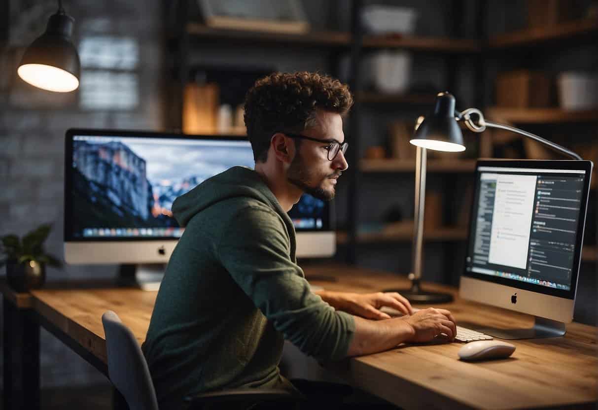 A person sits at a desk, comparing features of Shopify and WooCommerce on a computer screen. Product mockups and a scale symbolize decision-making
