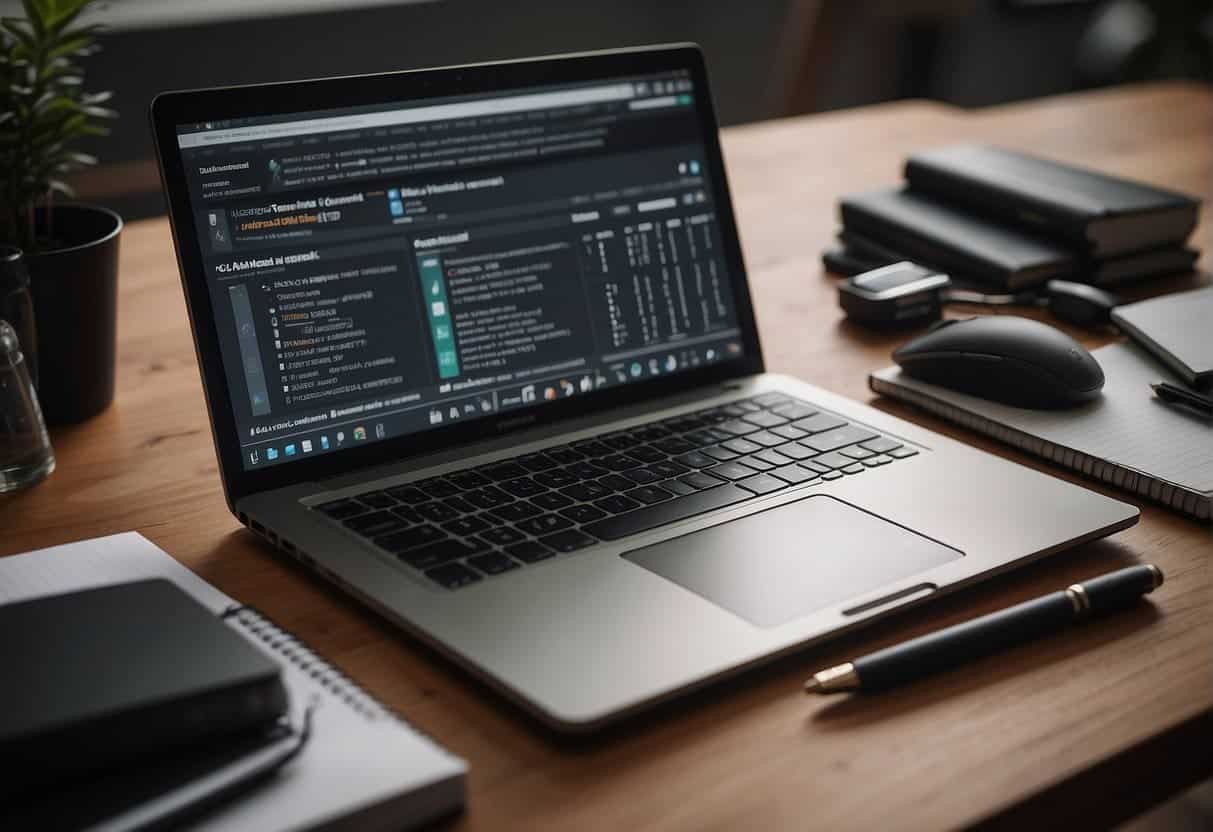 SEO-Optimised - A laptop with a keyboard and mouse on a desk, surrounded by open tabs of keyword research tools, and a notepad with a list of targeted keywords