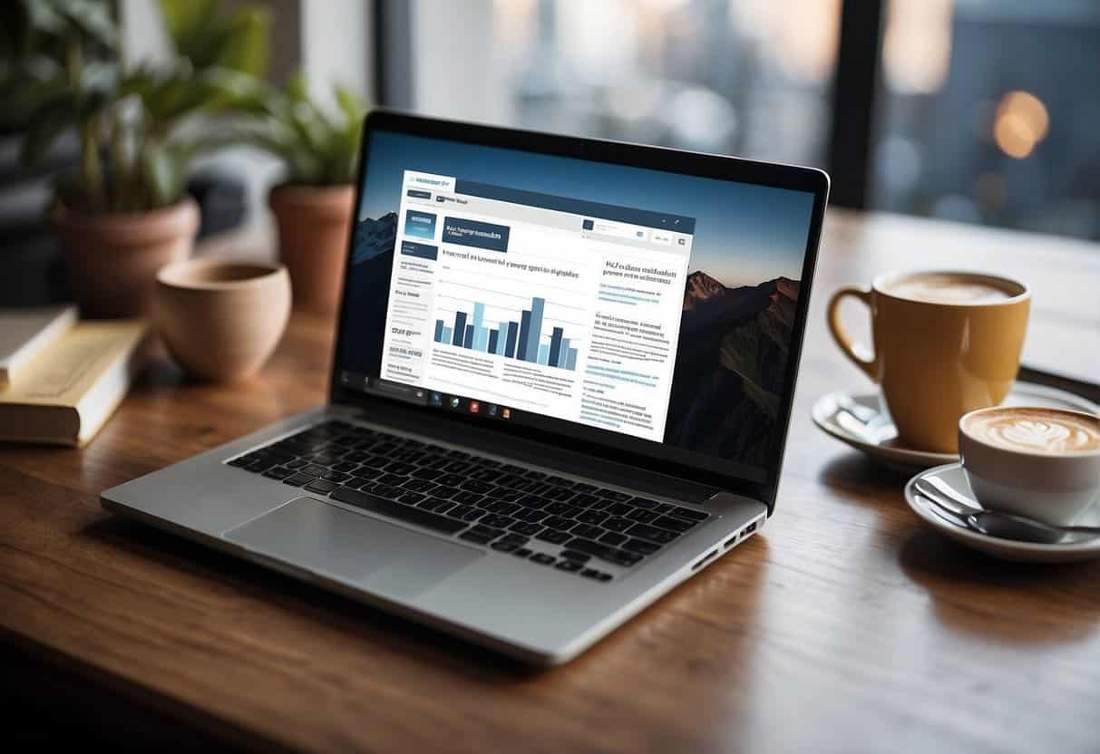 A laptop displaying a blog homepage with ads, affiliate links, and sponsored content. A graph showing increasing revenue. Social media icons and a monetization strategy book on the desk