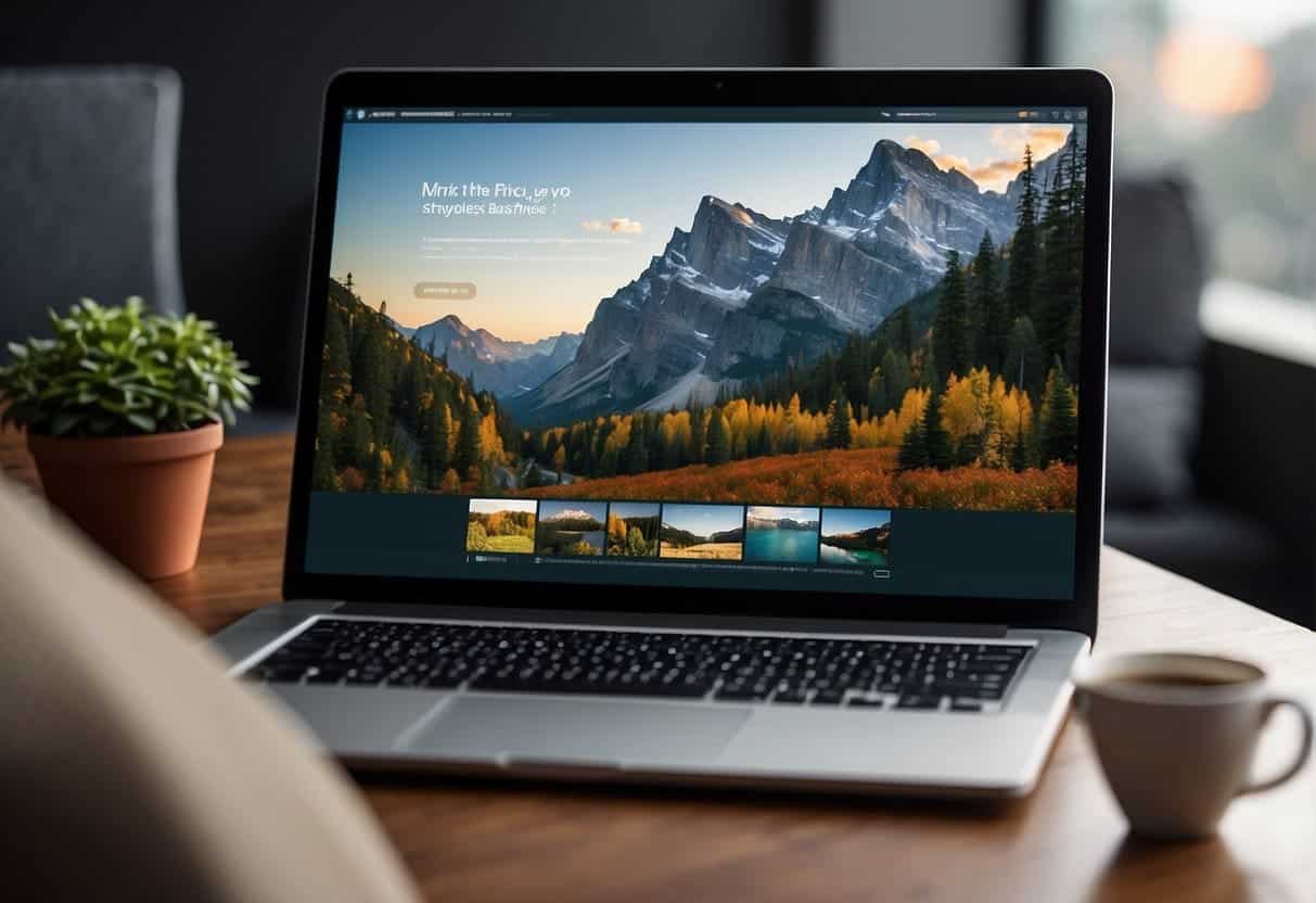 A laptop displaying a blog with various monetization strategies. A consultant discussing revenue enhancement with a client. Digital landscape in the background