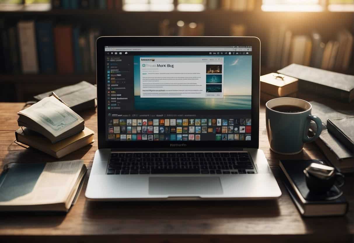 A laptop with a blog page open, surrounded by books and digital devices, with a dollar sign symbolizing monetization