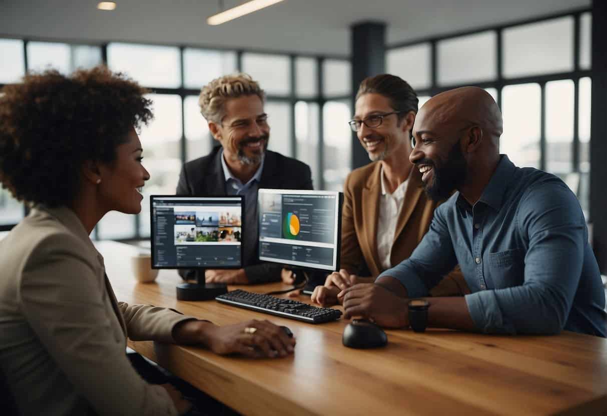 A group of diverse individuals gather around a computer, exchanging ideas and support. Monetization strategies are displayed on the screen, symbolizing the digital landscape