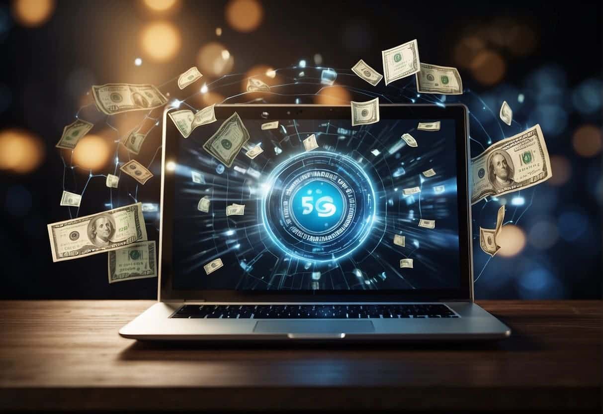 A laptop connected to various digital platforms, with money signs and blog content flowing into it, representing digital monetization