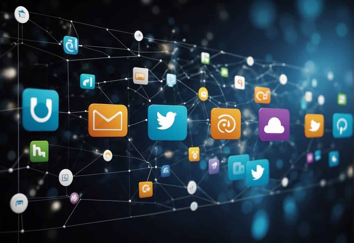 A series of interconnected communication channels, including email, chat, and social media, feed into a central data hub, generating real-time customer insights and reports