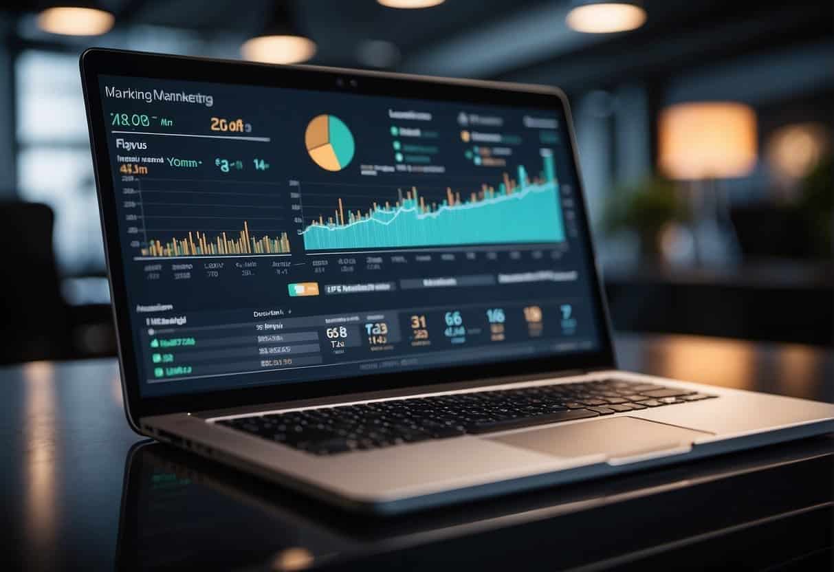 A laptop displaying various digital marketing metrics on a sleek and modern dashboard. Graphs and charts show data analysis and performance indicators