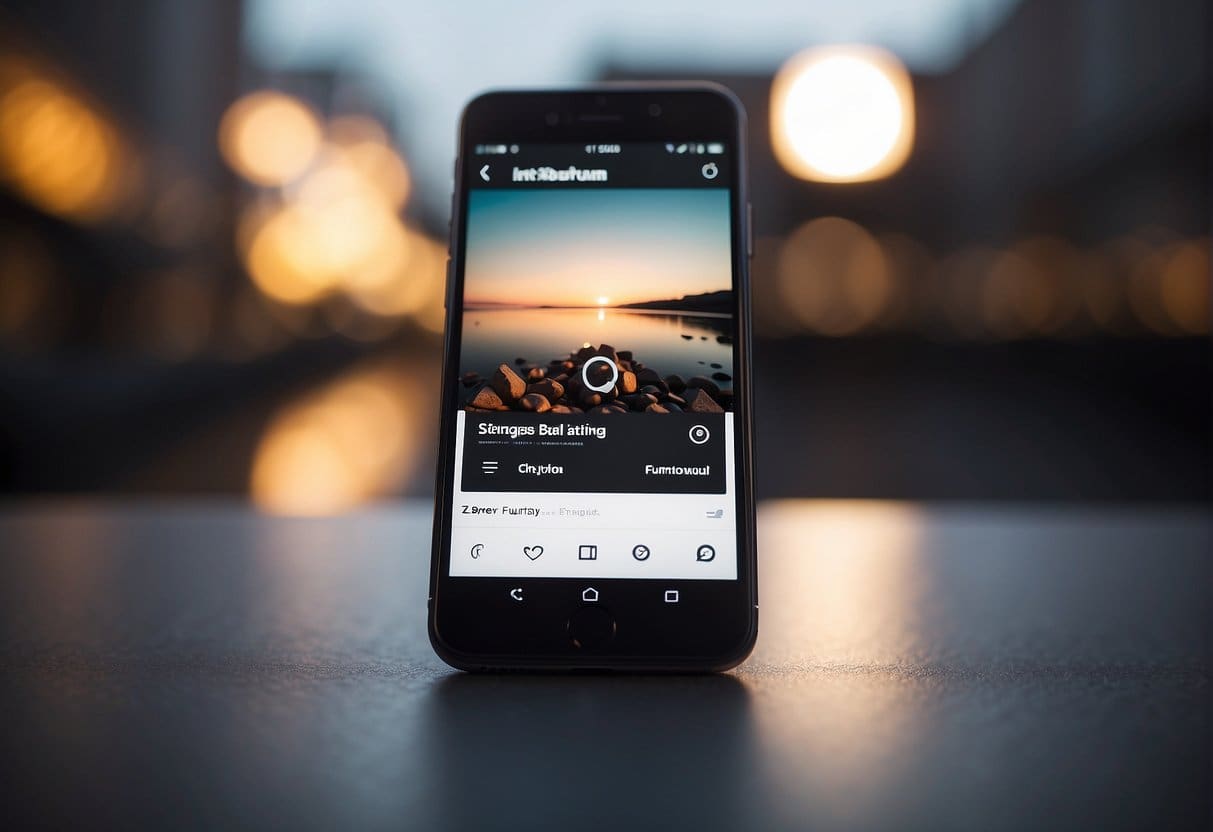 A smartphone with Instagram app open, showing hashtag and caption strategies. Graphs and data on screen. Bright, modern setting
