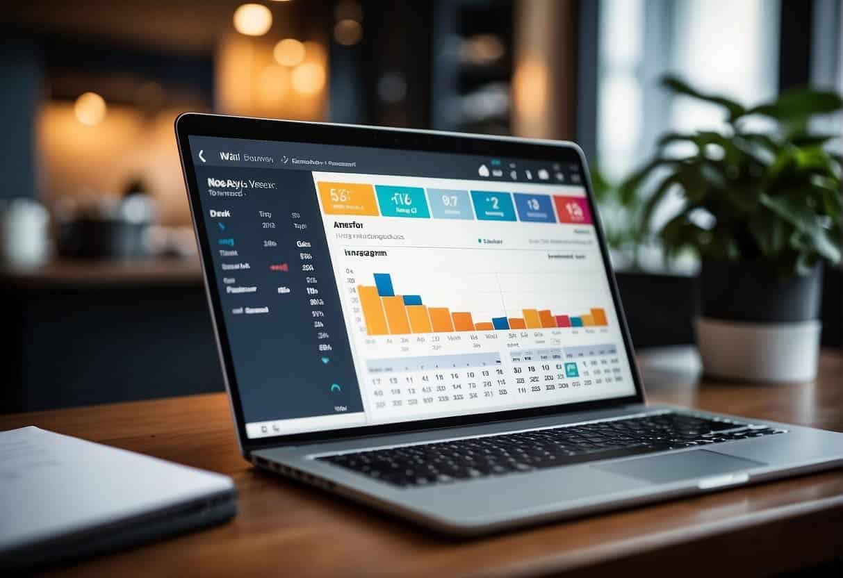 A laptop displaying Instagram Insights data next to a calendar, email, and social media icons. A graph showing engagement metrics