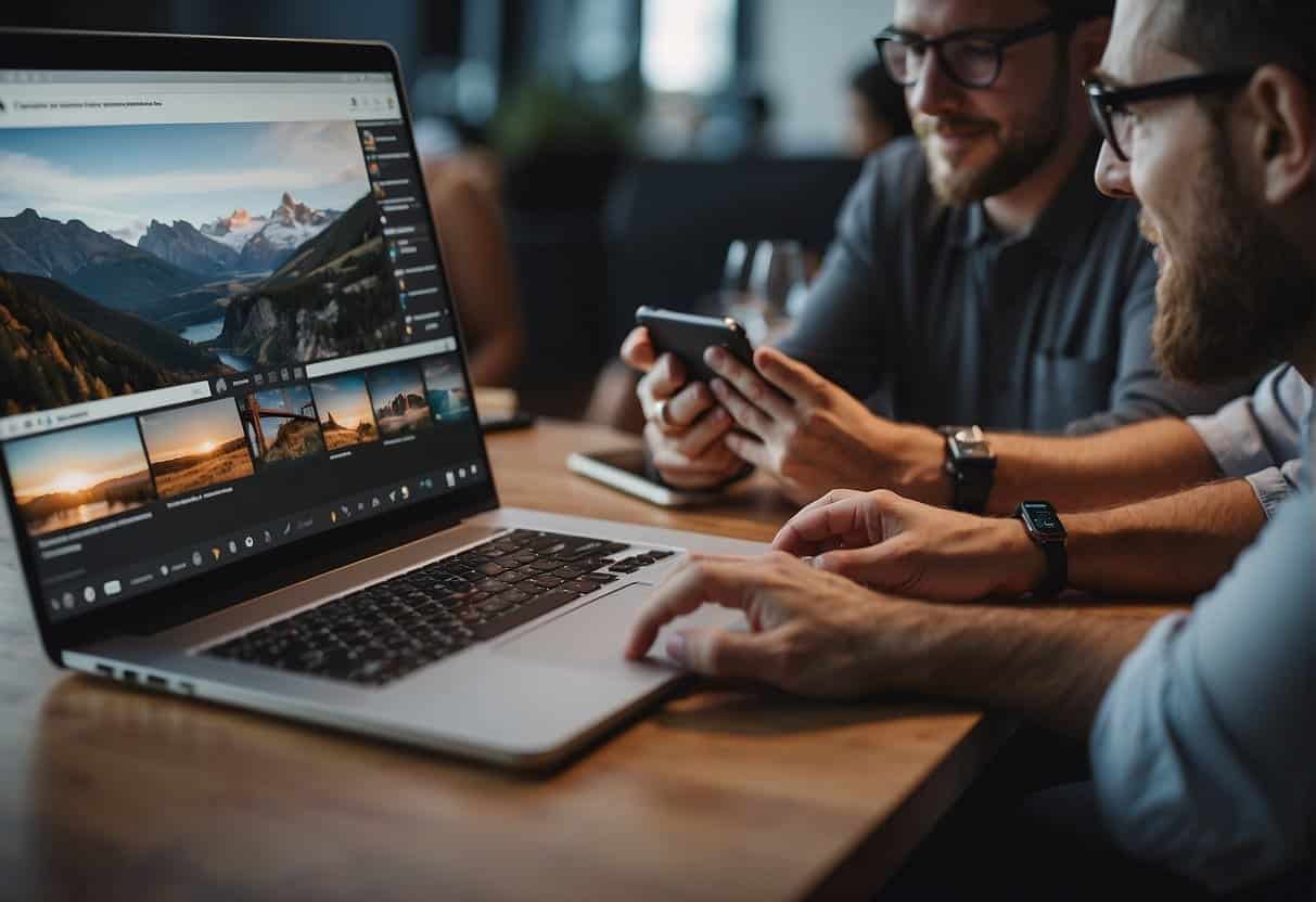 A group of influencers and creators gather around a table, analyzing Instagram insights on a laptop. Charts and graphs are displayed on the screen, while everyone engages in a lively discussion