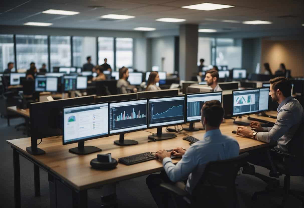 A bustling office with employees utilizing ActiveCampaign's email automation tools to scale their business. Computer screens display the platform's interface, while team members collaborate and strategize for success