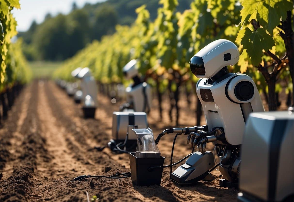 Vineyard landscape with AI robots tending to grapevines. Smart technology monitors soil and weather conditions. Automated wine bottling and labeling process in a modern winery