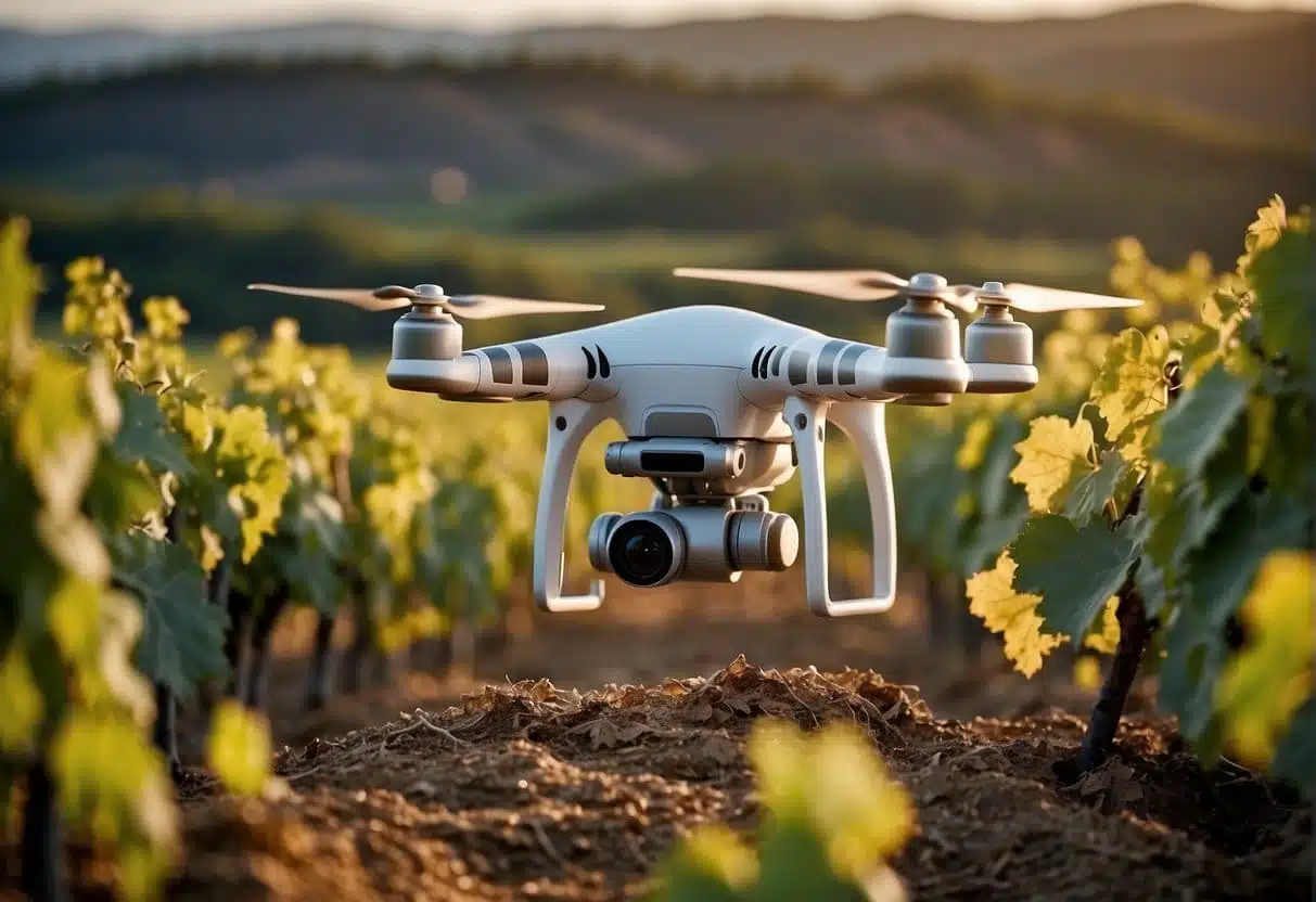 Vineyard landscape with AI-controlled drones monitoring grape growth and traditional winemaking equipment blending with modern technology