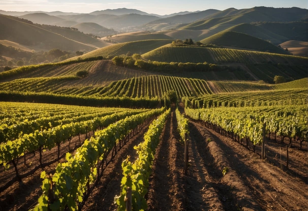Lush vineyard rows stretch across rolling hills, with AI-powered sensors monitoring soil and weather conditions. Harvesters and tractors move through the vines, guided by data-driven algorithms