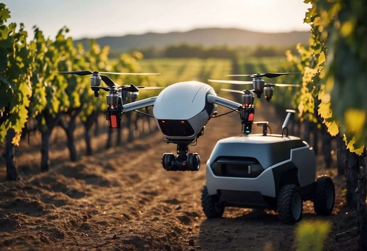 Vineyard landscape with robotic grape pickers, automated sorting machines, and AI-powered delivery drones transporting wine to consumers