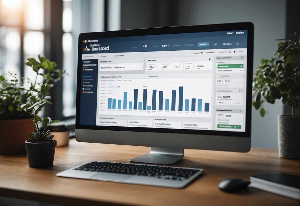 A computer screen displays Ahrefs dashboard with keyword rankings and SERP features. A hand hovers over the mouse, ready to click and analyze the data
