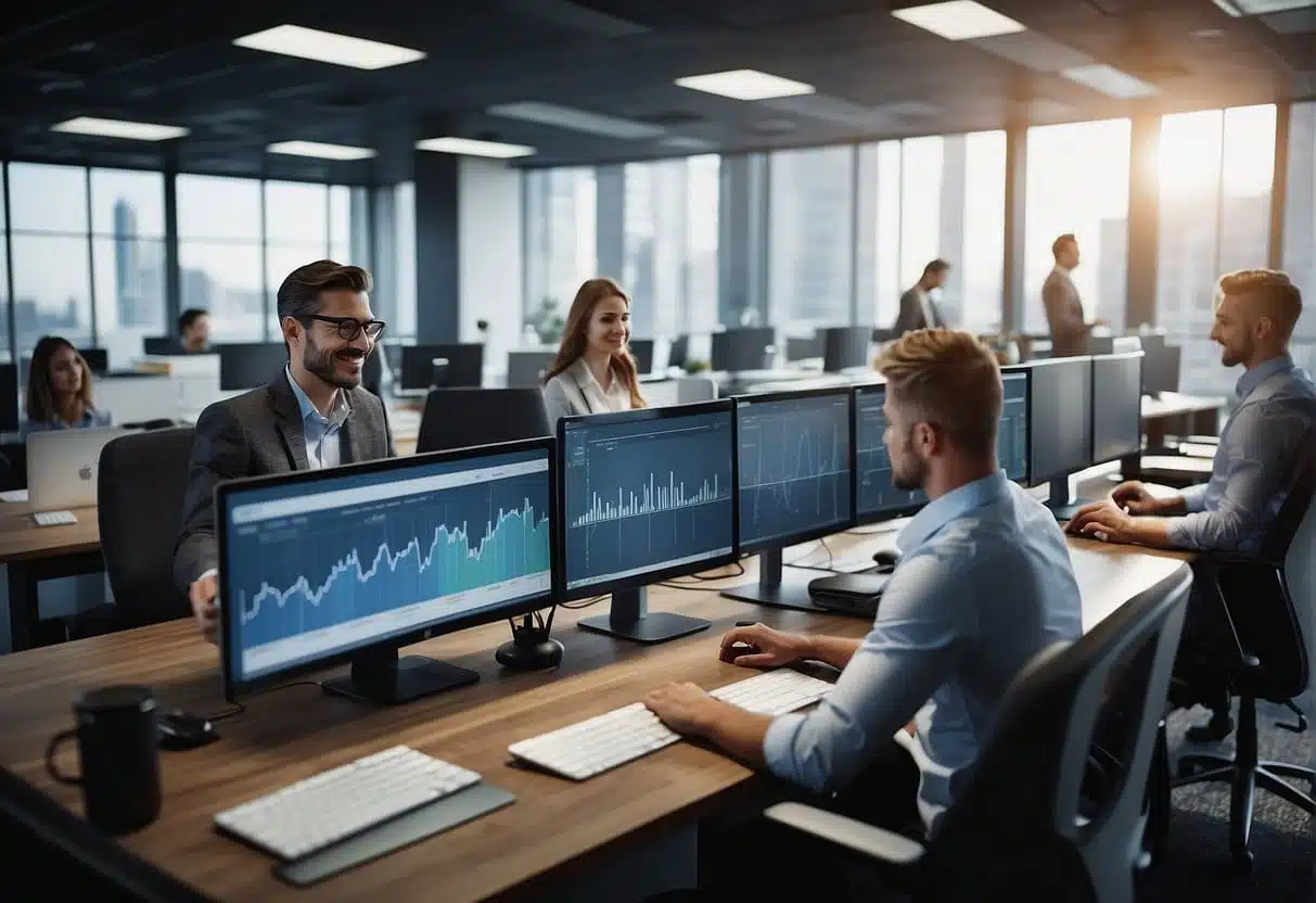 A bustling office with employees using Drift software to streamline marketing and sales processes, with charts and graphs showing increased efficiency and customer engagement