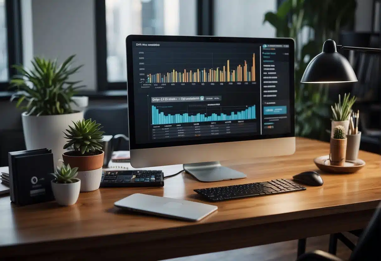 A desk with a computer showing Drift analytics, surrounded by marketing and sales tools