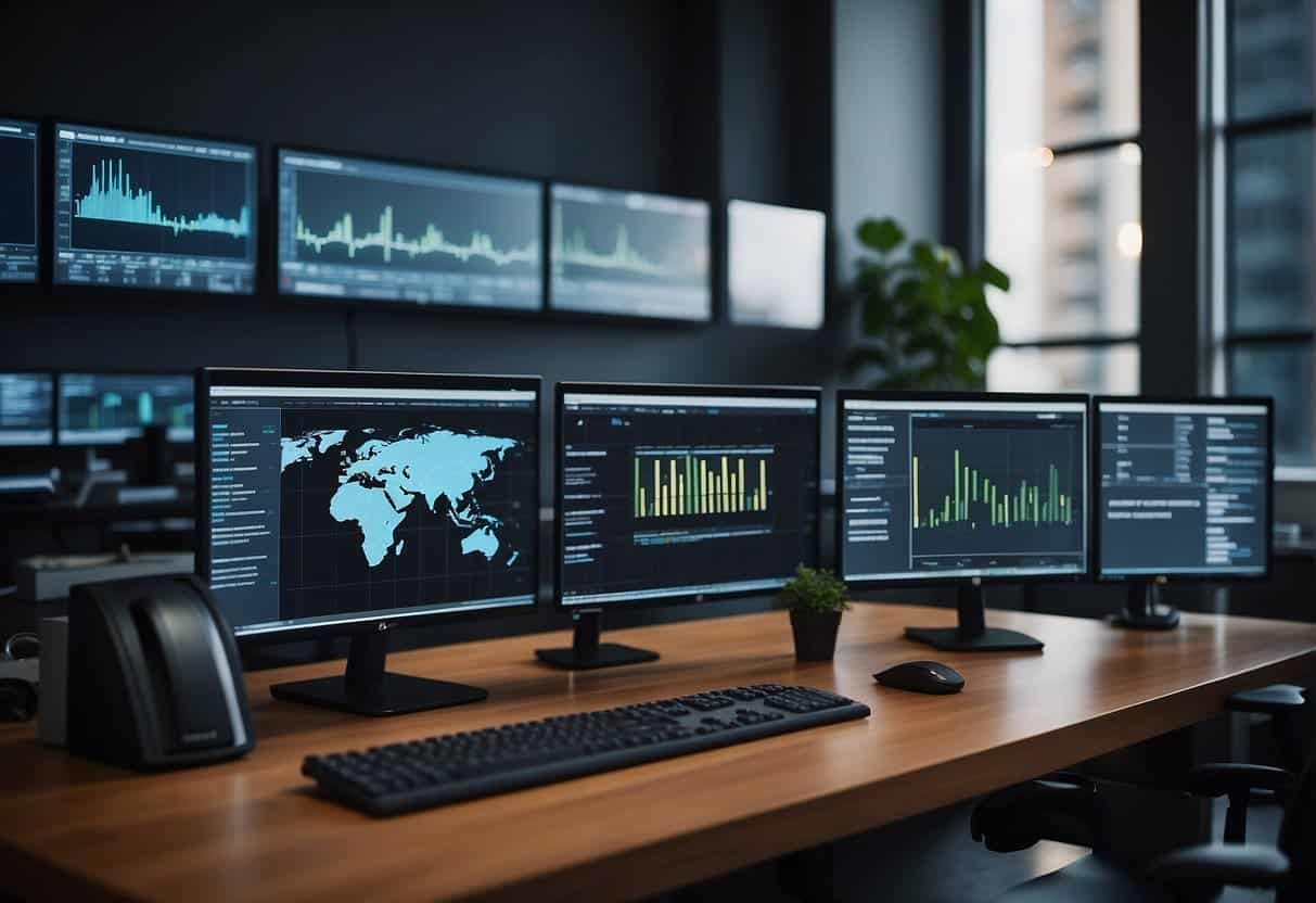 An office setting with computers, charts, and AI algorithms displayed on screens, showcasing efficient workflow management for non-technical business owners