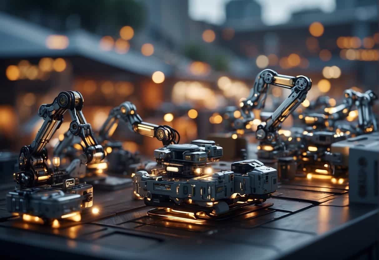 A futuristic cityscape with robotic arms sorting and labeling ethically sourced products, while AI algorithms monitor and ensure fair trade practices