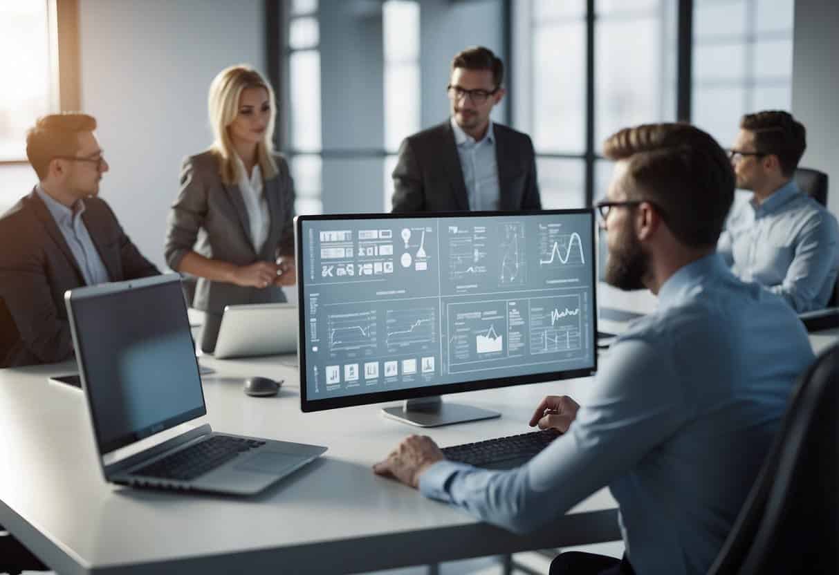 An office setting with a computer displaying AI concepts, a group of non-technical managers discussing AI basics, and a whiteboard with diagrams