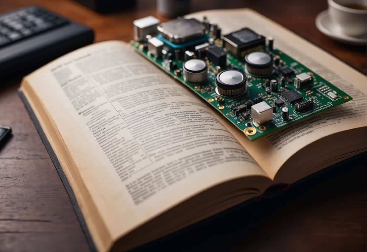 An open book with "AI Basics for Non-Technical Business Owners" on the cover, surrounded by computer components and circuit diagrams