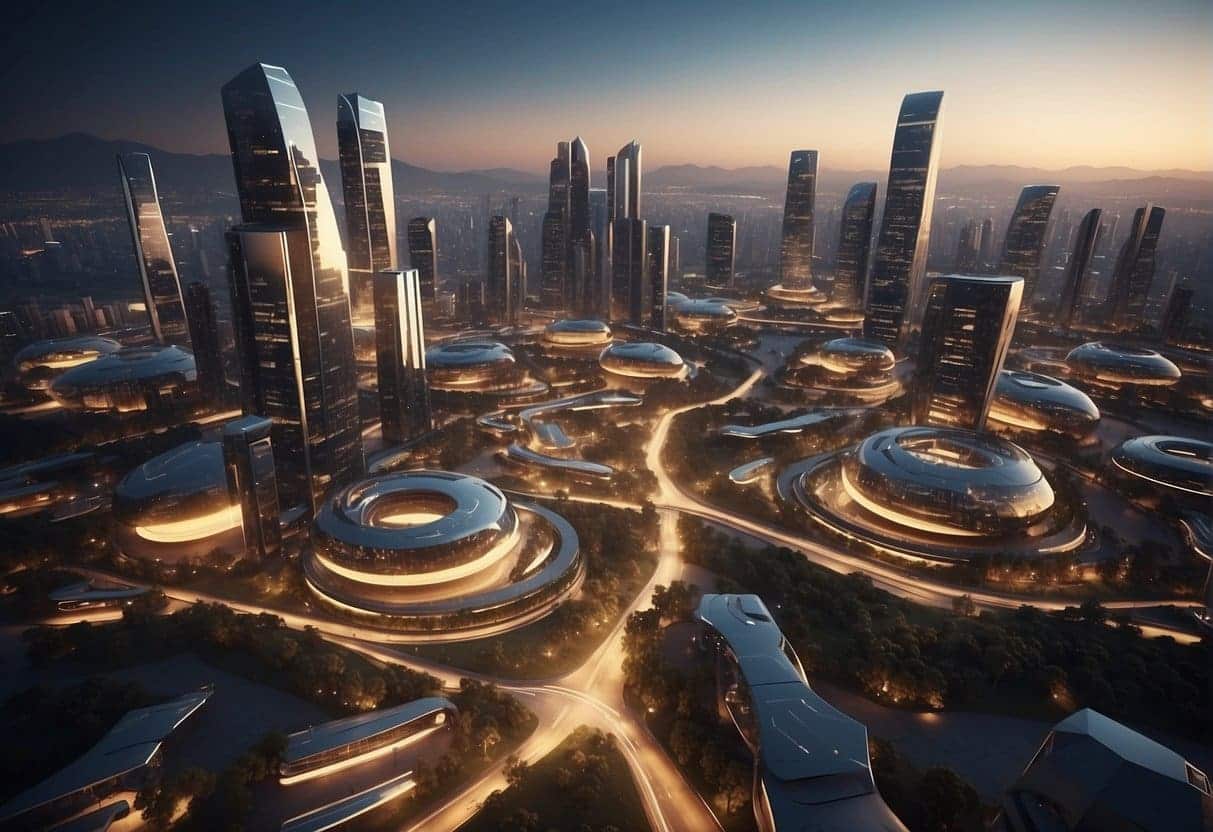 A futuristic cityscape with AI-powered drones and smart buildings, showcasing the transformative power of AI for non-technical business owners