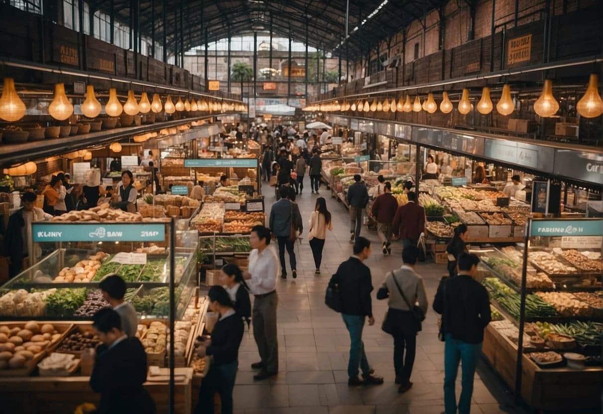 A bustling marketplace with AI technology seamlessly integrating into the supply chain, ensuring fair trade and ethical sourcing practices