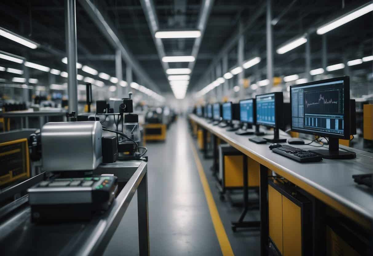 A factory with AI monitoring systems overseeing the production process, while a supply chain of ethically sourced materials is being tracked