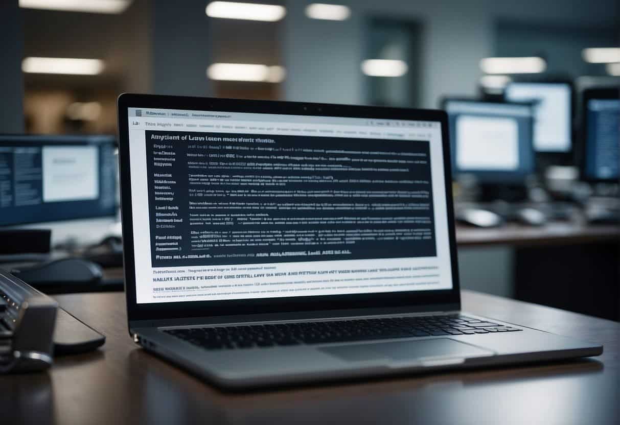 An AI program analyzes legal documents on a computer screen in a modern office setting, with shelves of law books in the background