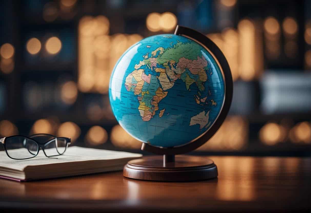 A globe surrounded by legal documents, with AI technology integrated into the background, representing global influence and regulation in legal services for small businesses