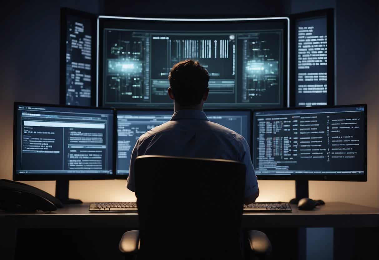 AI analyzes film scripts, selects scenes. Computer screen displays script text, while AI algorithms run in the background. Light illuminates the desk, creating a focused atmosphere