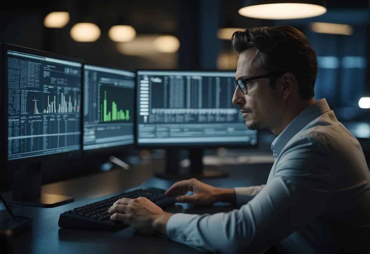 The AI software analyzes film scripts, displaying data on a computer screen. A team of developers discusses the results in a modern office setting