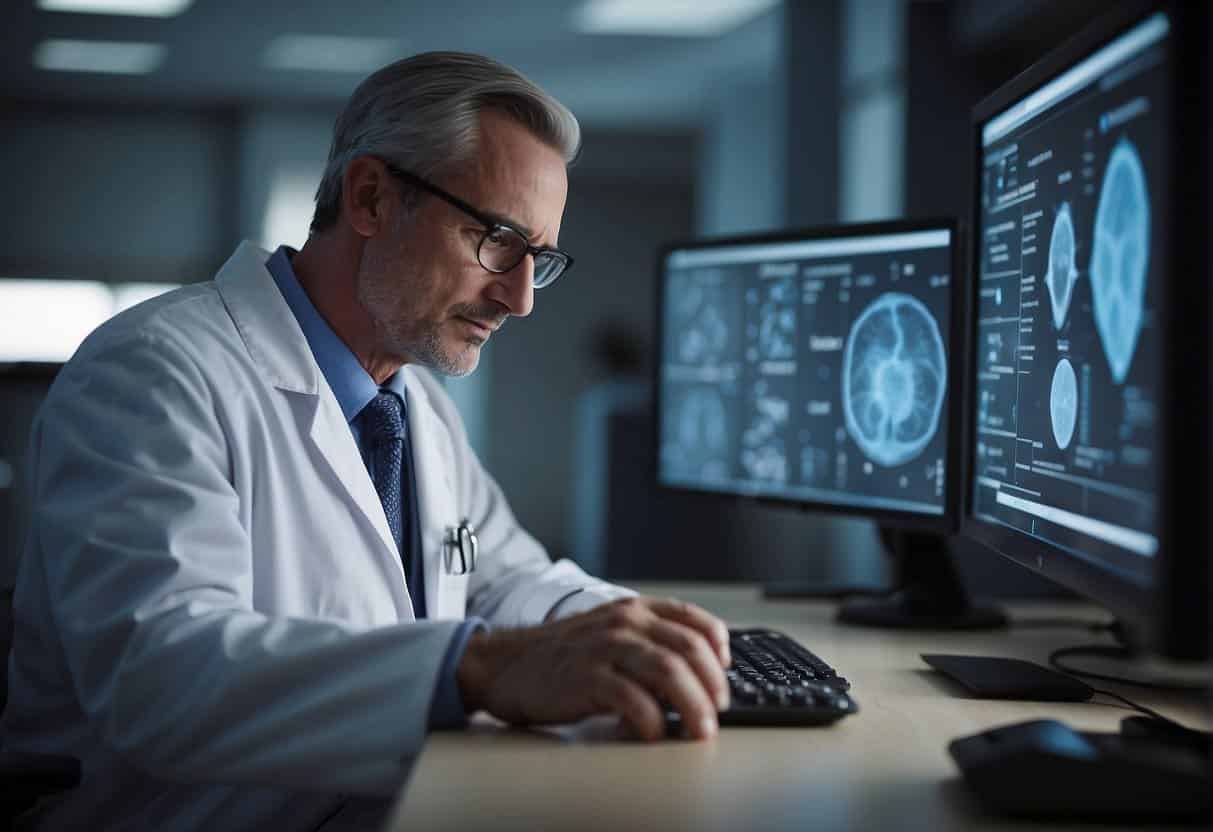 A veterinarian consults a computer screen displaying AI diagnostic tools and treatment options for a patient