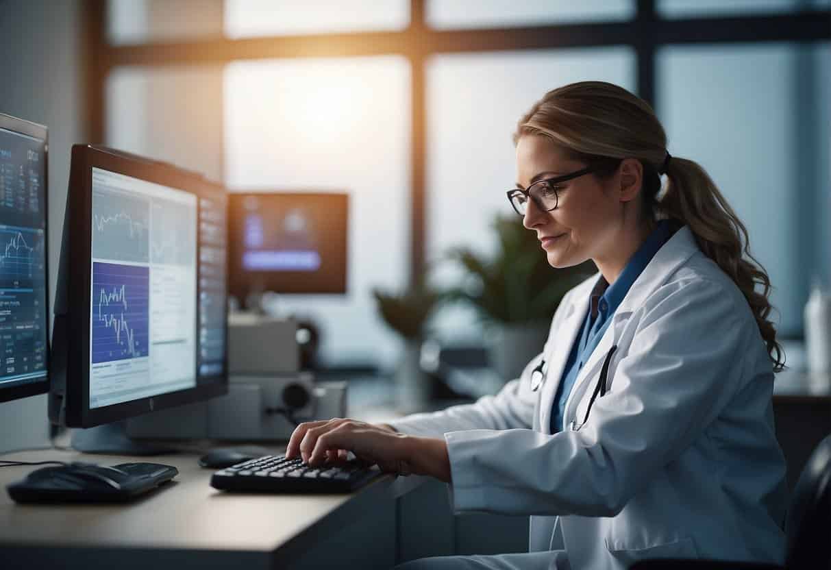 A veterinarian uses AI to analyze patient data, inputting symptoms and receiving treatment recommendations
